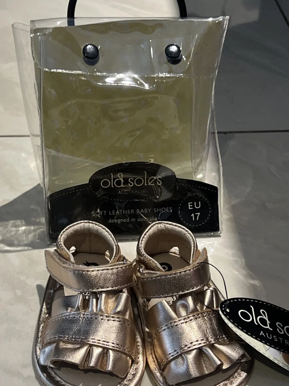 NWT Old Soles Australia Ruffle Baby Leather Copper Sandal EU Size 17/0-3 Months
